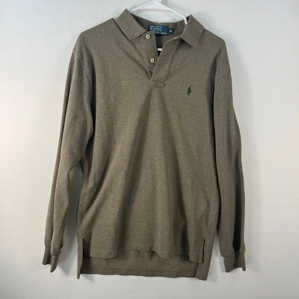 Polo Ralph Lauren Mens Long Sleeve Polo Shirt Brown Heather Pique Pony Logo M